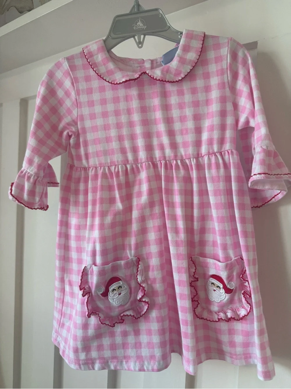 Classic Pink Gingham Nightgown with Santa Pocket Appliqués